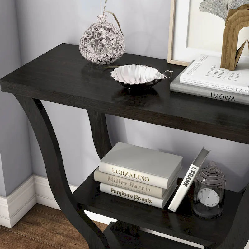Console de salon transitionnelle expresso avec étagère ouverte et profil effilé, 99 cm