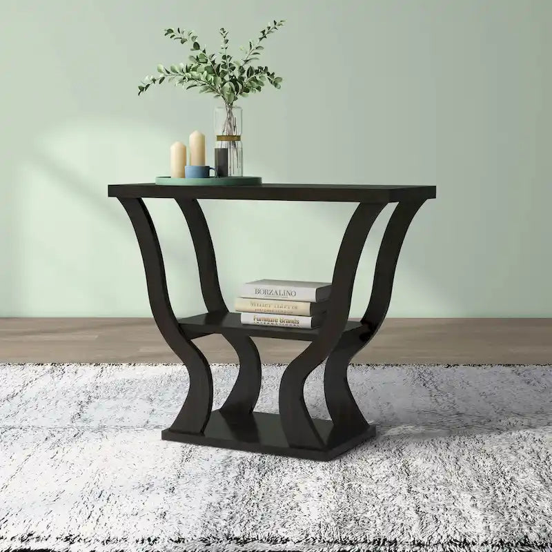 Console de salon transitionnelle expresso avec étagère ouverte et profil effilé, 99 cm