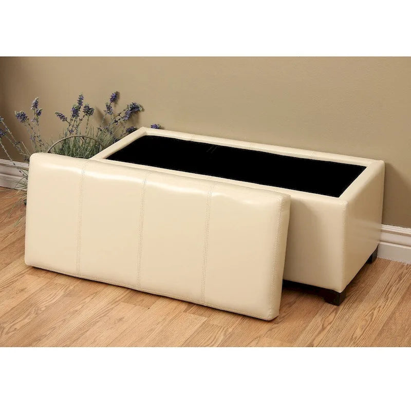 Banc de rangement en similicuir blanc cassé avec pieds en bois de chêne, 1 à 2 places, grand format