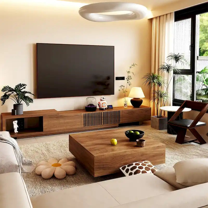 Meuble TV Extensible Noyer avec 4 Tiroirs, Longueur Réglable jusqu'à 261 cm, Convient aux TV de 78"-118"