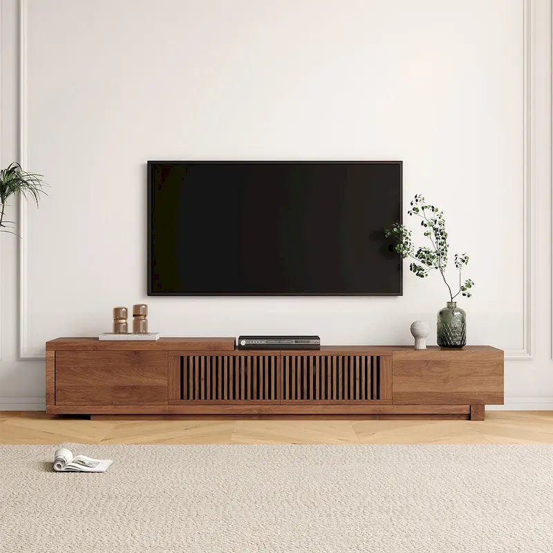 Meuble TV Extensible Noyer avec 4 Tiroirs, Longueur Réglable jusqu'à 261 cm, Convient aux TV de 78"-118"