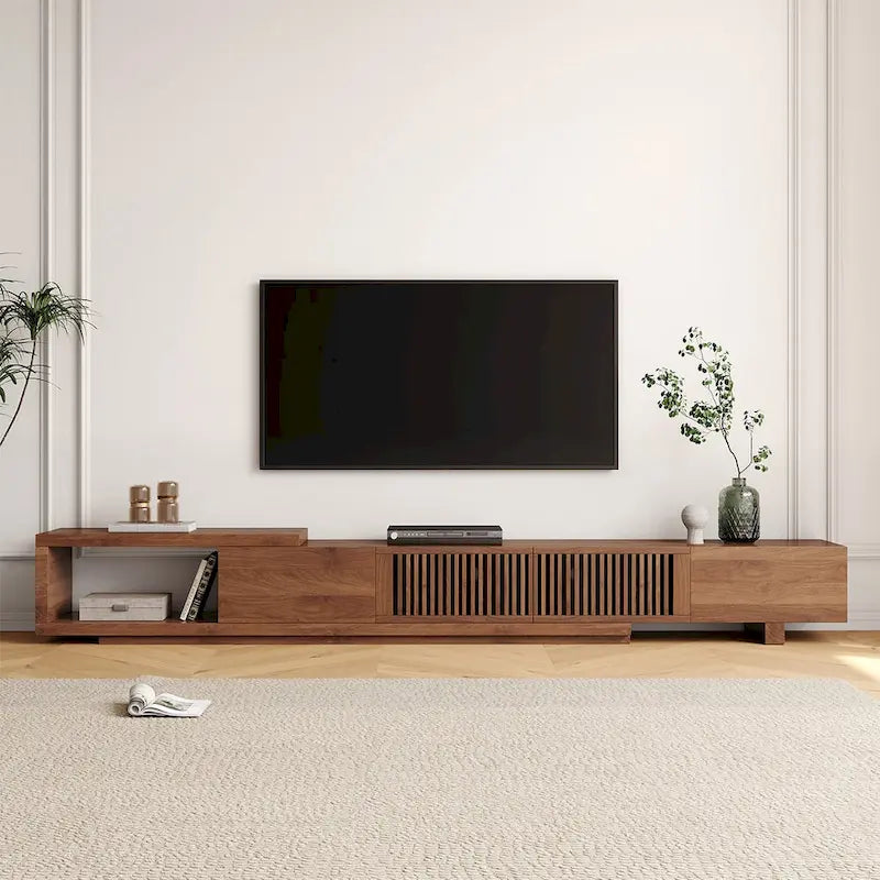 Meuble TV Extensible Noyer avec 4 Tiroirs, Longueur Réglable jusqu'à 261 cm, Convient aux TV de 78"-118"