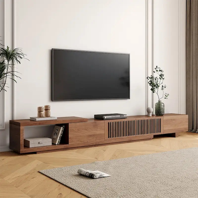 Meuble TV Extensible Noyer avec 4 Tiroirs, Longueur Réglable jusqu'à 261 cm, Convient aux TV de 78"-118"