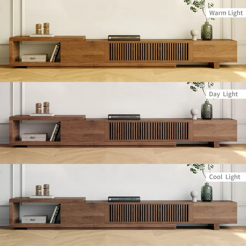 Meuble TV Extensible Noyer avec 4 Tiroirs, Longueur Réglable jusqu'à 261 cm, Convient aux TV de 78"-118"