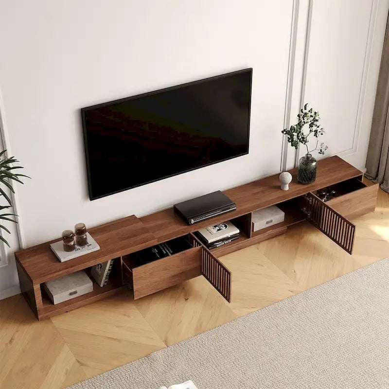 Meuble TV Extensible Noyer avec 4 Tiroirs, Longueur Réglable jusqu'à 261 cm, Convient aux TV de 78"-118"