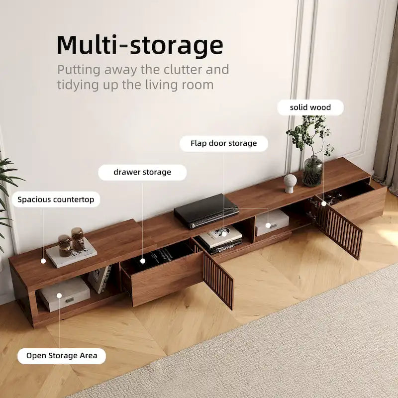 Meuble TV Extensible Noyer avec 4 Tiroirs, Longueur Réglable jusqu'à 261 cm, Convient aux TV de 78"-118"