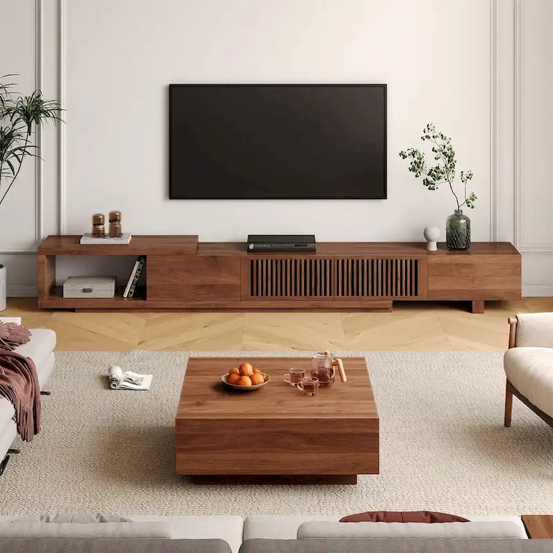 Meuble TV Extensible Noyer avec 4 Tiroirs, Longueur Réglable jusqu'à 261 cm, Convient aux TV de 78"-118"