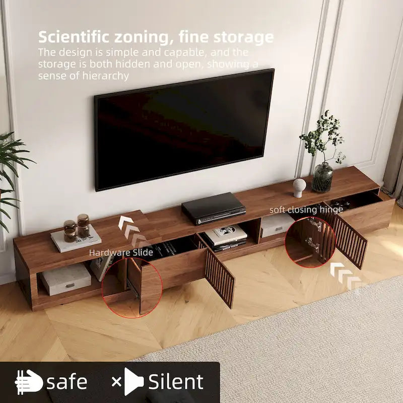 Meuble TV Extensible Noyer avec 4 Tiroirs, Longueur Réglable jusqu'à 261 cm, Convient aux TV de 78"-118"