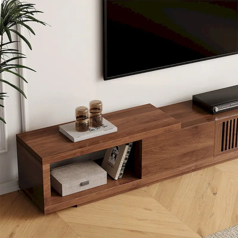 Meuble TV Extensible Noyer avec 4 Tiroirs, Longueur Réglable jusqu'à 261 cm, Convient aux TV de 78"-118"