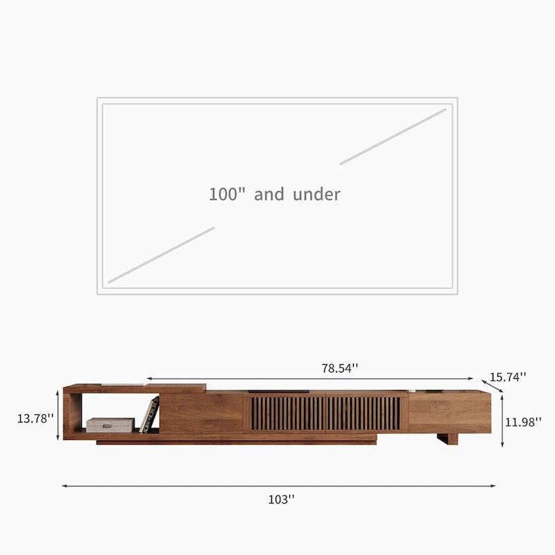 Meuble TV Extensible Noyer avec 4 Tiroirs, Longueur Réglable jusqu'à 261 cm, Convient aux TV de 78"-118"
