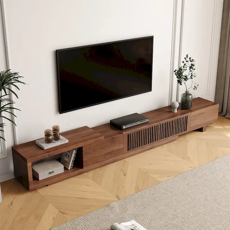 Meuble TV Extensible Noyer avec 4 Tiroirs, Longueur Réglable jusqu'à 261 cm, Convient aux TV de 78"-118"
