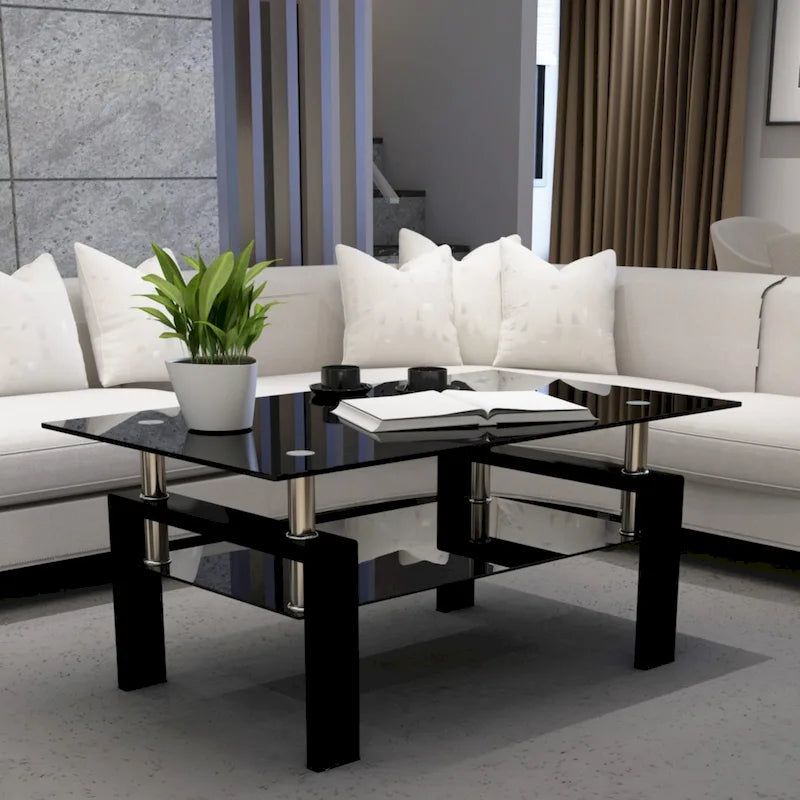Table basse rectangulaire double couche en verre noir avec cadre en métal