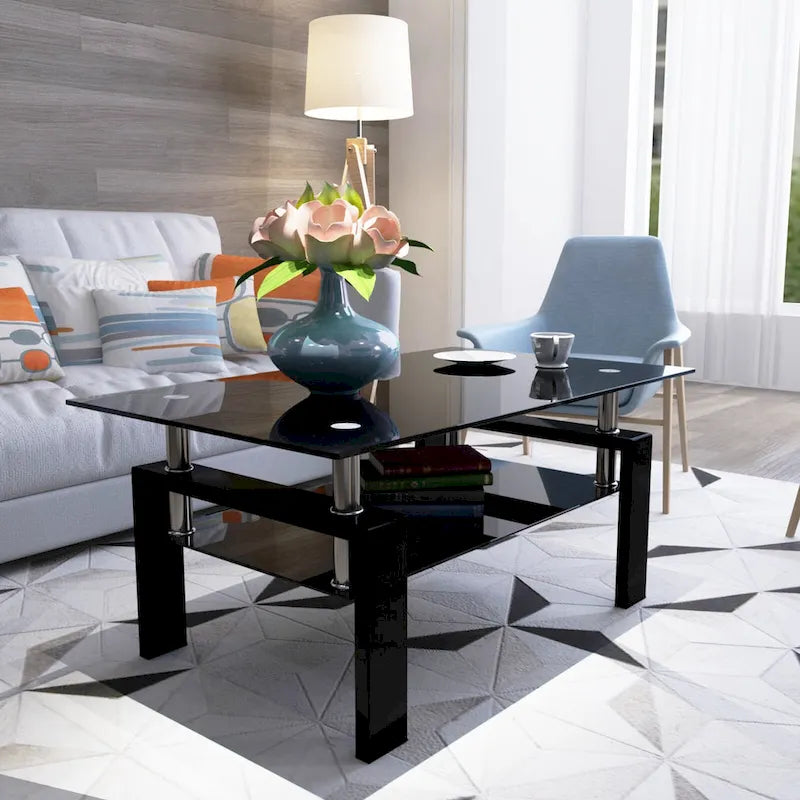 Table basse rectangulaire double couche en verre noir avec cadre en métal