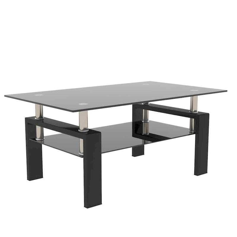 Table basse rectangulaire double couche en verre noir avec cadre en métal