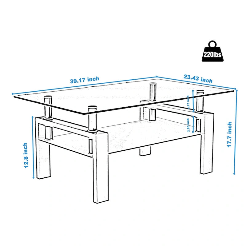 Table basse rectangulaire double couche en verre noir avec cadre en métal