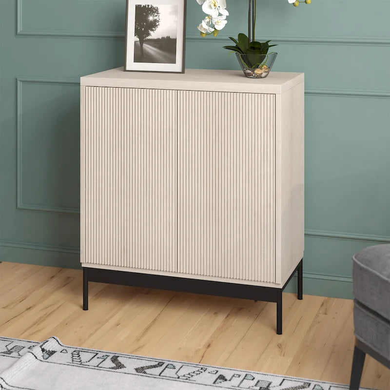 Meuble de rangement d'appoint en MDF, largeur 28 po, blanc/blanc aulne/grain noir, avec 2 portes battantes, tablette réglable et découpe pour la gestion des câbles