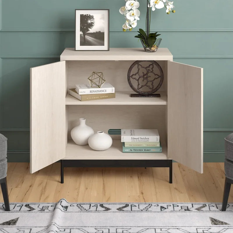 Meuble de rangement d'appoint en MDF, largeur 28 po, blanc/blanc aulne/grain noir, avec 2 portes battantes, tablette réglable et découpe pour la gestion des câbles