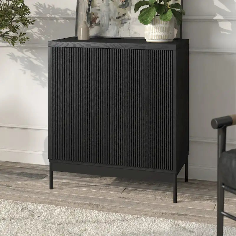 Meuble de rangement d'appoint en MDF, largeur 28 po, blanc/blanc aulne/grain noir, avec 2 portes battantes, tablette réglable et découpe pour la gestion des câbles