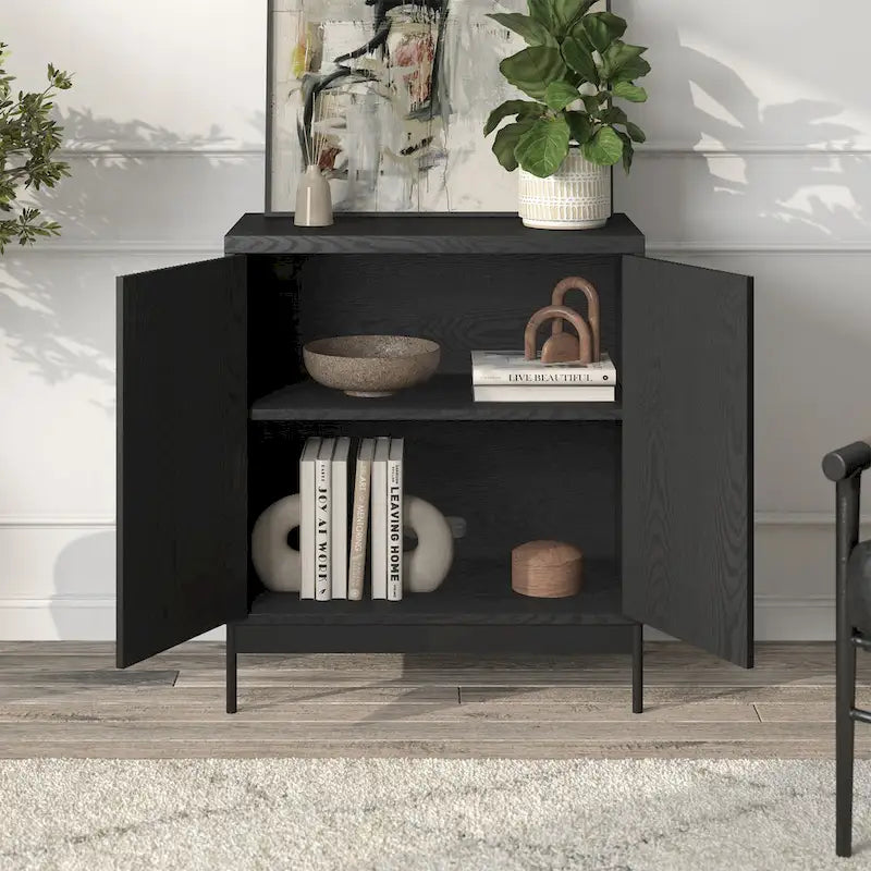 Meuble de rangement d'appoint en MDF, largeur 28 po, blanc/blanc aulne/grain noir, avec 2 portes battantes, tablette réglable et découpe pour la gestion des câbles