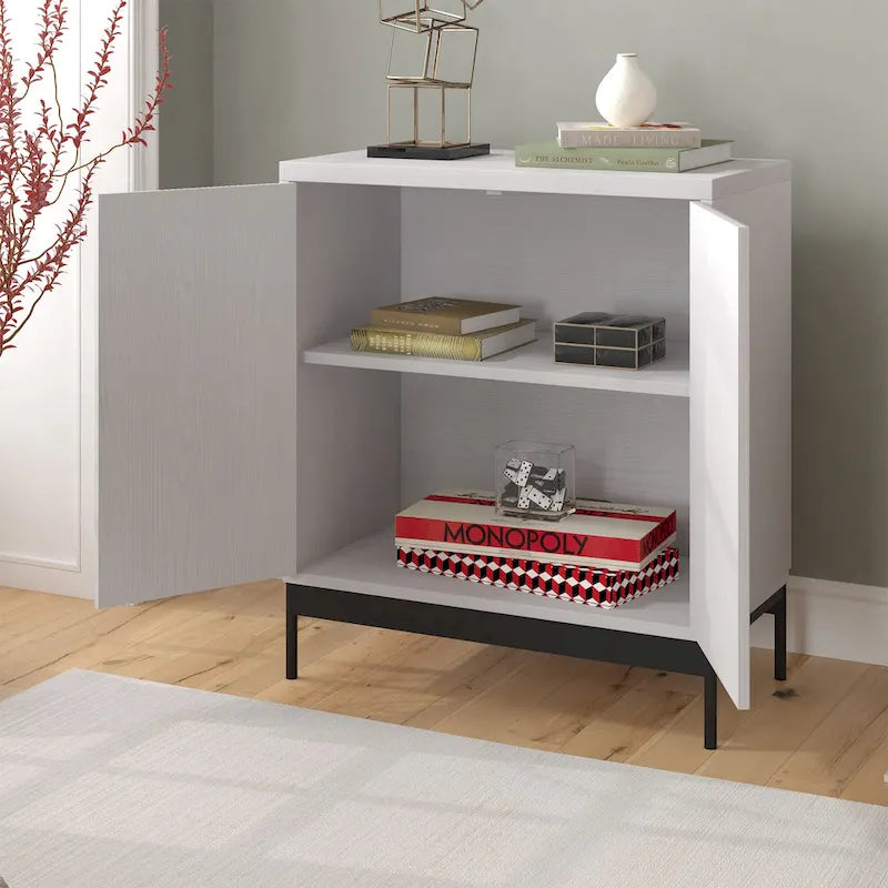 Meuble de rangement d'appoint en MDF, largeur 28 po, blanc/blanc aulne/grain noir, avec 2 portes battantes, tablette réglable et découpe pour la gestion des câbles