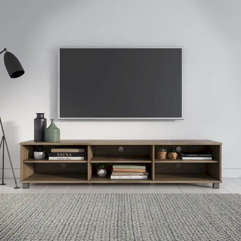 Meuble TV bas moderne Gris/Blanc/Marron/Noir avec pieds argentés et 3 étagères réglables, convient aux téléviseurs jusqu'à 85"