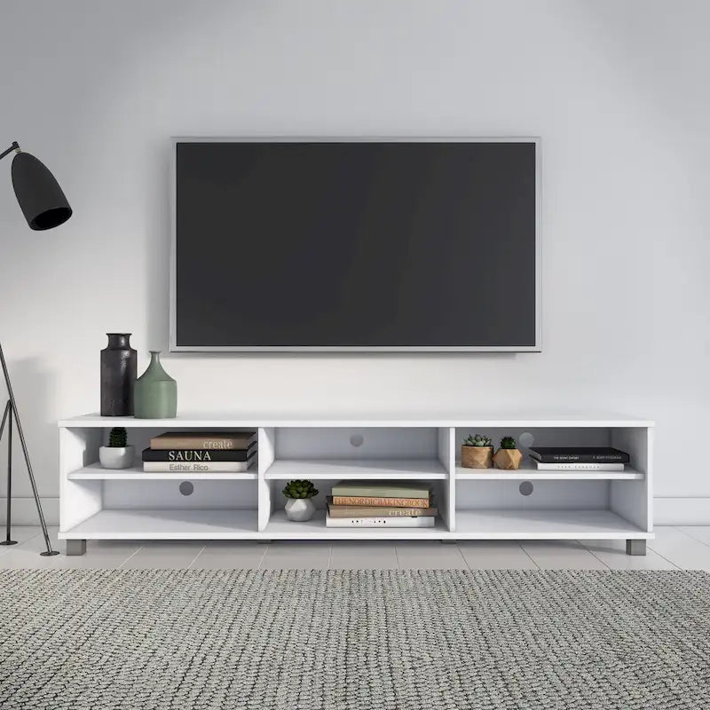Meuble TV bas moderne Gris/Blanc/Marron/Noir avec pieds argentés et 3 étagères réglables, convient aux téléviseurs jusqu'à 85"