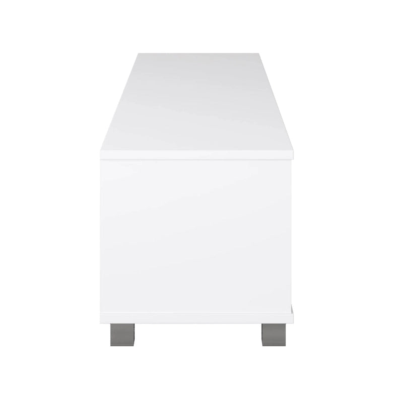 Meuble TV bas moderne Gris/Blanc/Marron/Noir avec pieds argentés et 3 étagères réglables, convient aux téléviseurs jusqu'à 85"
