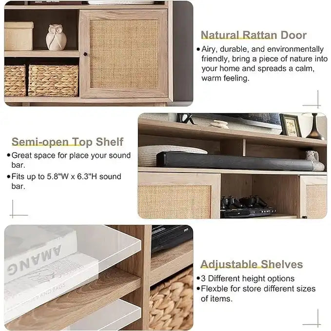Meuble TV haut de style moderne du milieu du siècle, blanc/cerisier/chêne naturel, avec portes en rotin tressé et pieds inclinés, convient aux téléviseurs jusqu'à 65 pouces