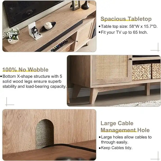 Meuble TV haut de style moderne du milieu du siècle, blanc/cerisier/chêne naturel, avec portes en rotin tressé et pieds inclinés, convient aux téléviseurs jusqu'à 65 pouces