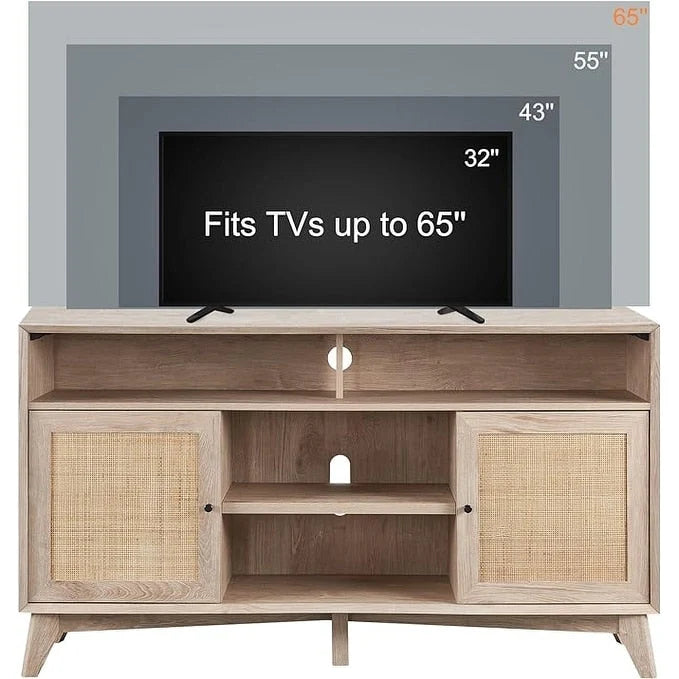 Meuble TV haut de style moderne du milieu du siècle, blanc/cerisier/chêne naturel, avec portes en rotin tressé et pieds inclinés, convient aux téléviseurs jusqu'à 65 pouces