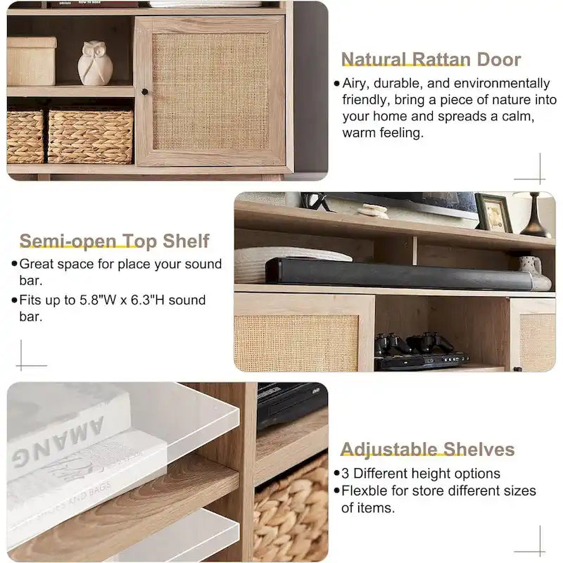 Meuble TV haut de style moderne du milieu du siècle, blanc/cerisier/chêne naturel, avec portes en rotin tressé et pieds inclinés, convient aux téléviseurs jusqu'à 65 pouces