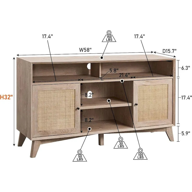 Meuble TV haut de style moderne du milieu du siècle, blanc/cerisier/chêne naturel, avec portes en rotin tressé et pieds inclinés, convient aux téléviseurs jusqu'à 65 pouces