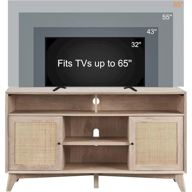 Meuble TV haut de style moderne du milieu du siècle, blanc/cerisier/chêne naturel, avec portes en rotin tressé et pieds inclinés, convient aux téléviseurs jusqu'à 65 pouces