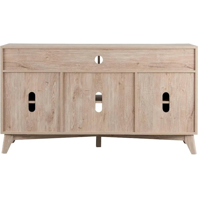 Meuble TV haut de style moderne du milieu du siècle, blanc/cerisier/chêne naturel, avec portes en rotin tressé et pieds inclinés, convient aux téléviseurs jusqu'à 65 pouces