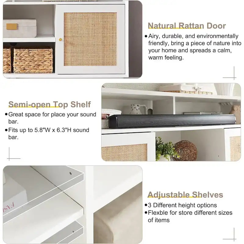 Meuble TV haut de style moderne du milieu du siècle, blanc/cerisier/chêne naturel, avec portes en rotin tressé et pieds inclinés, convient aux téléviseurs jusqu'à 65 pouces