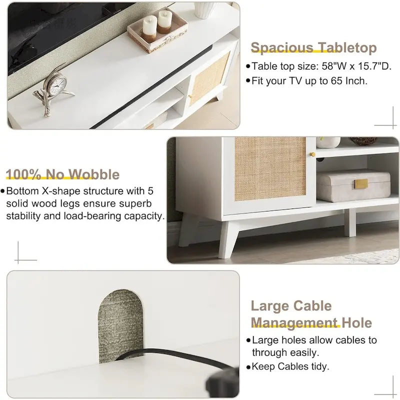 Meuble TV haut de style moderne du milieu du siècle, blanc/cerisier/chêne naturel, avec portes en rotin tressé et pieds inclinés, convient aux téléviseurs jusqu'à 65 pouces