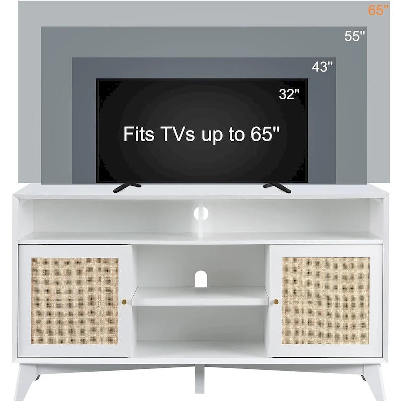 Meuble TV haut de style moderne du milieu du siècle, blanc/cerisier/chêne naturel, avec portes en rotin tressé et pieds inclinés, convient aux téléviseurs jusqu'à 65 pouces