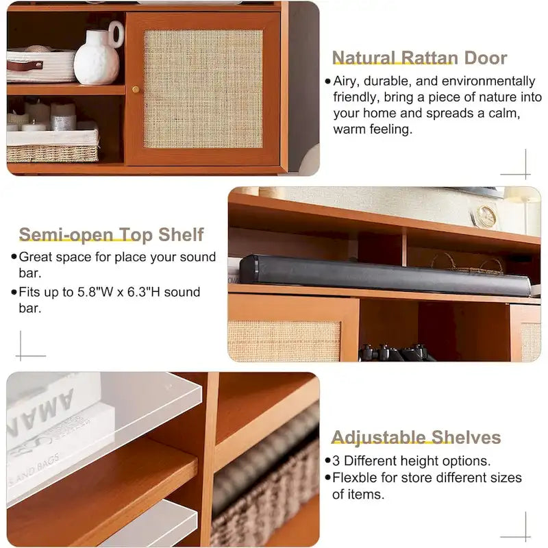 Meuble TV haut de style moderne du milieu du siècle, blanc/cerisier/chêne naturel, avec portes en rotin tressé et pieds inclinés, convient aux téléviseurs jusqu'à 65 pouces