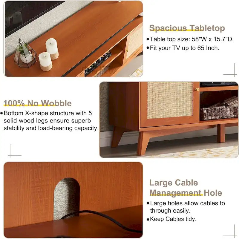 Meuble TV haut de style moderne du milieu du siècle, blanc/cerisier/chêne naturel, avec portes en rotin tressé et pieds inclinés, convient aux téléviseurs jusqu'à 65 pouces