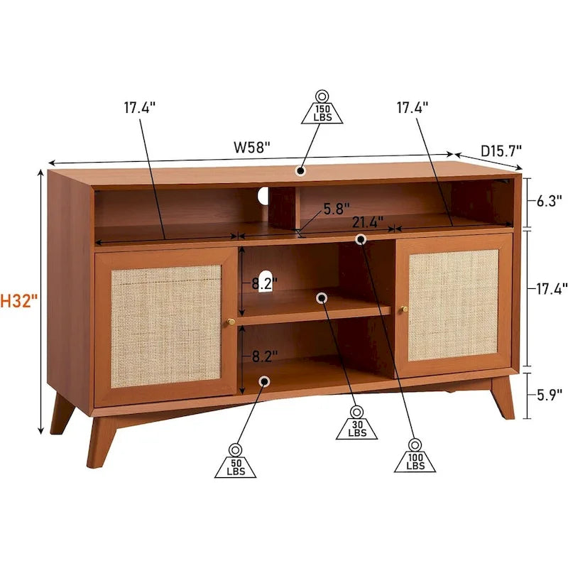 Meuble TV haut de style moderne du milieu du siècle, blanc/cerisier/chêne naturel, avec portes en rotin tressé et pieds inclinés, convient aux téléviseurs jusqu'à 65 pouces