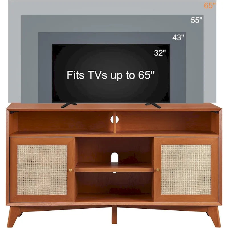 Meuble TV haut de style moderne du milieu du siècle, blanc/cerisier/chêne naturel, avec portes en rotin tressé et pieds inclinés, convient aux téléviseurs jusqu'à 65 pouces