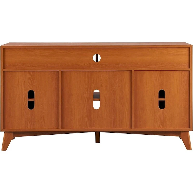 Meuble TV haut de style moderne du milieu du siècle, blanc/cerisier/chêne naturel, avec portes en rotin tressé et pieds inclinés, convient aux téléviseurs jusqu'à 65 pouces