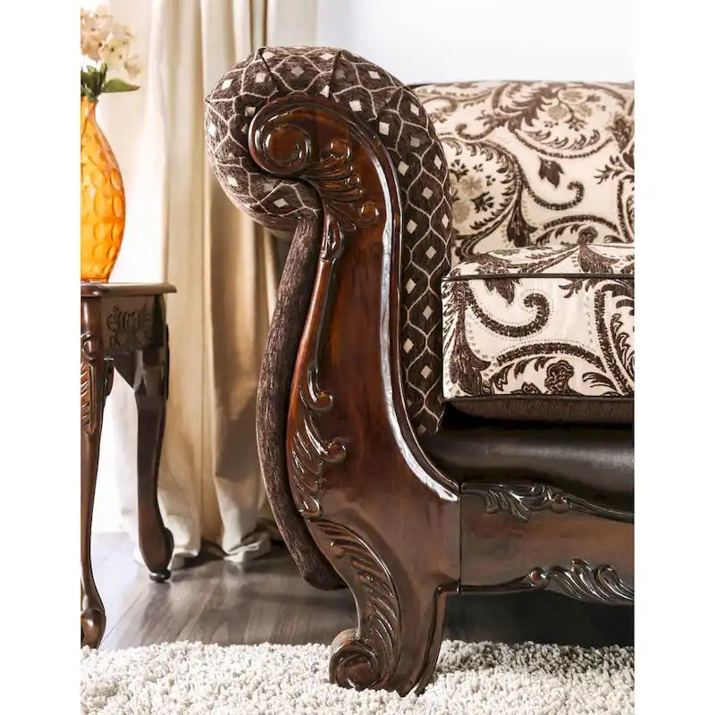 Causeuse traditionnelle capitonnée bordeaux/marron clair/beige avec chenille, similicuir et boiseries sculptées, 2 places