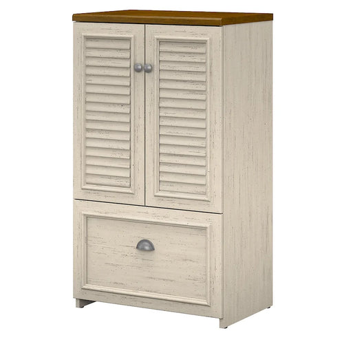 Classeur de style campagnard moderne avec portes à persiennes, 3 étagères et tiroir classeur à extension complète, blanc antique/gris Cape Cod/noir antique/gris planches