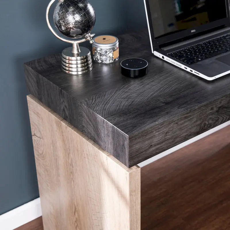 Bureau d'écriture transitionnel de style ferme moderne noir/naturel avec finition bicolore et pieds en fer, pour 1 personne