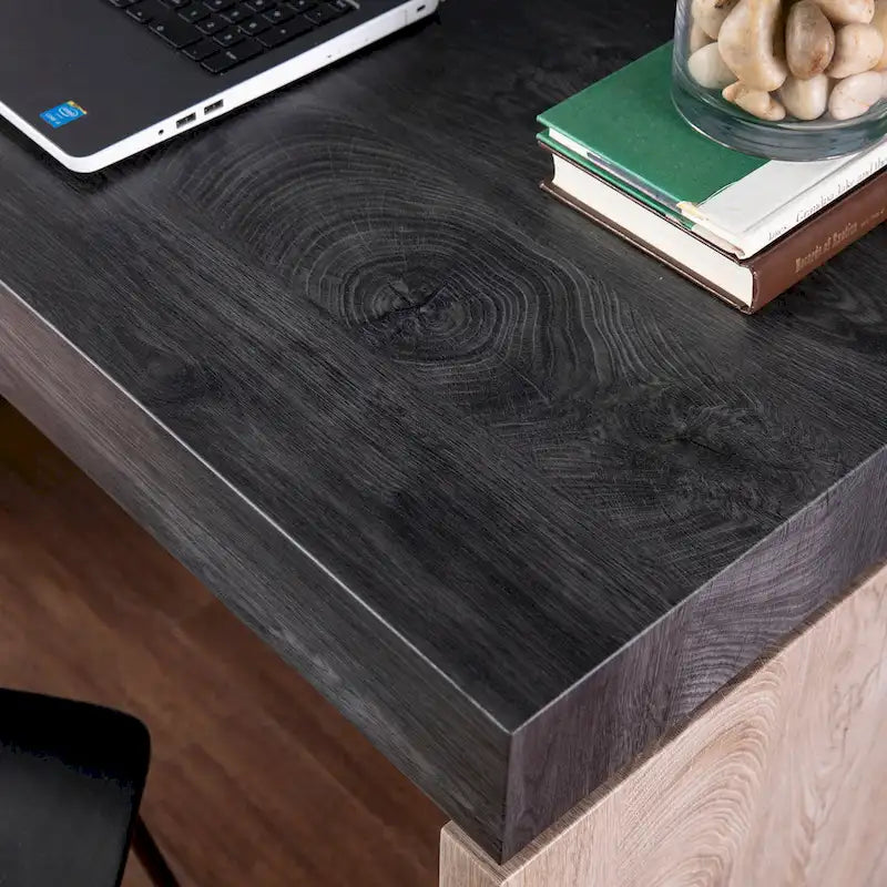 Bureau d'écriture transitionnel de style ferme moderne noir/naturel avec finition bicolore et pieds en fer, pour 1 personne
