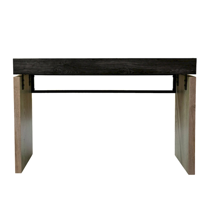 Bureau d'écriture transitionnel de style ferme moderne noir/naturel avec finition bicolore et pieds en fer, pour 1 personne