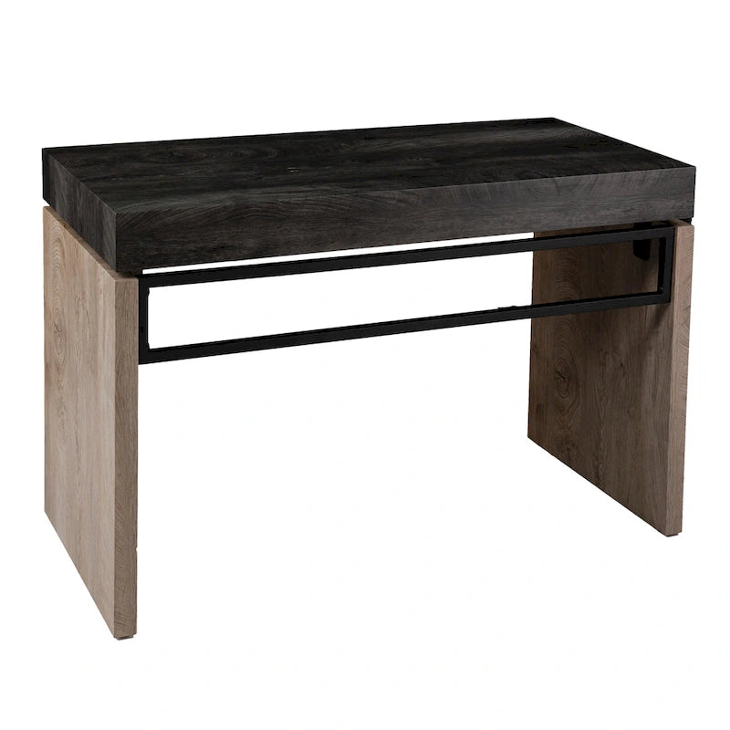 Bureau d'écriture transitionnel de style ferme moderne noir/naturel avec finition bicolore et pieds en fer, pour 1 personne