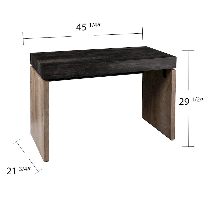 Bureau d'écriture transitionnel de style ferme moderne noir/naturel avec finition bicolore et pieds en fer, pour 1 personne