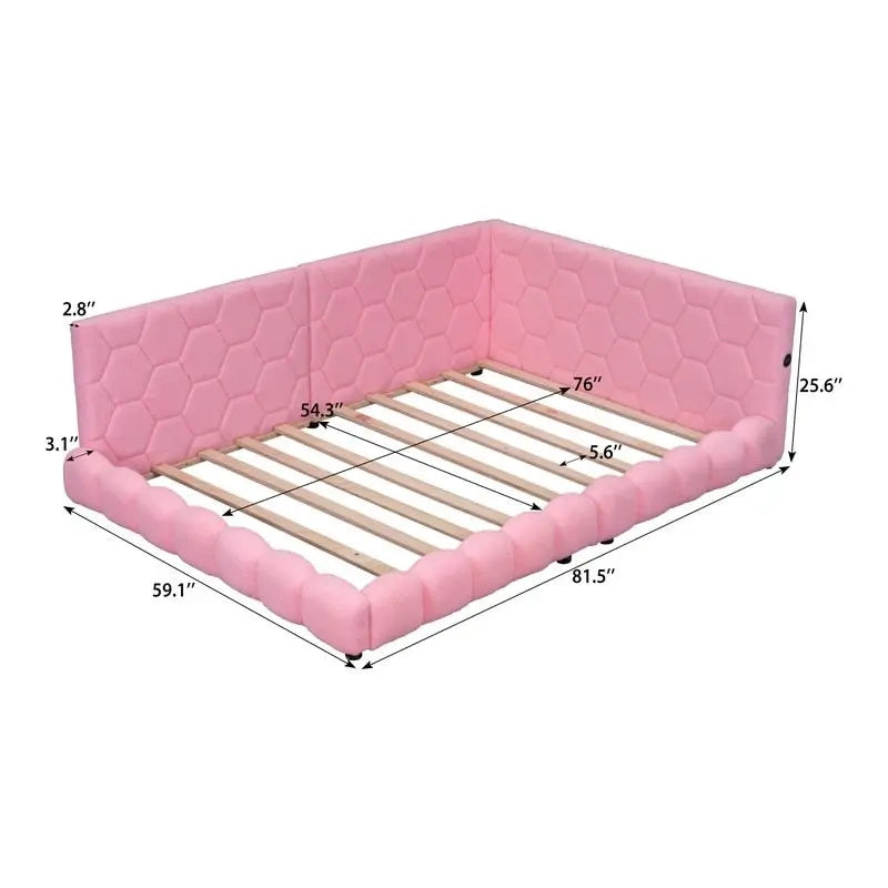 Lit plateforme pleine grandeur blanc/rose en tissu Teddy avec éclairage à bande LED et 2 ports USB, pour 2 personnes